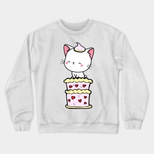 Funny white cat jumping out of a cake Crewneck Sweatshirt